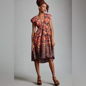 Anthropologie Printed V-Neck Babydoll Dress